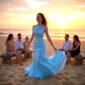 Sherri Hill Crystal Halter Gown Set ✦ Light Blue 2‑Piece Prom Dress w/ Train ✦ 4